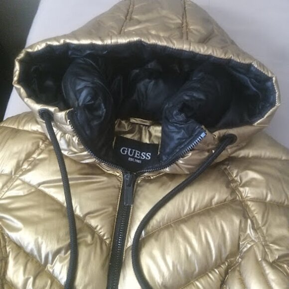 GUESS | Metallic Gold Hooded Puffer Winter Fall Jacket Quilted Snow Coat XS - Picture 6 of 16